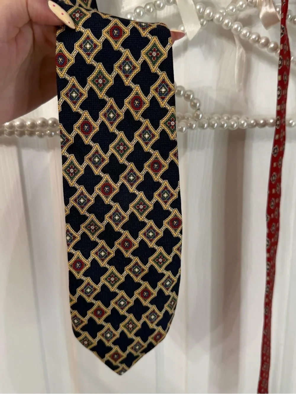 Vintage Signature Tommy Hilfiger Black Tie with Gold and Red Geometric Motif